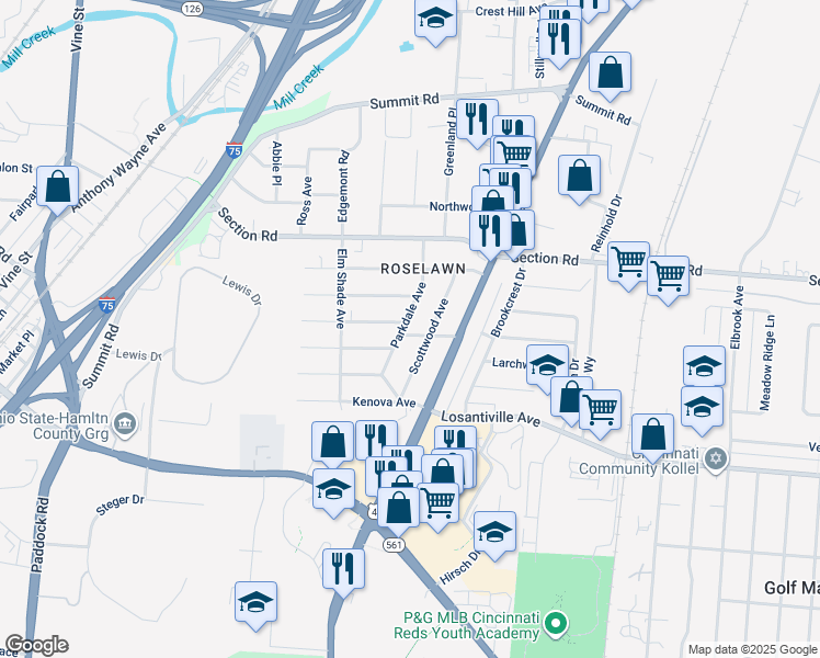 map of restaurants, bars, coffee shops, grocery stores, and more near 7302 Parkdale Avenue in Cincinnati