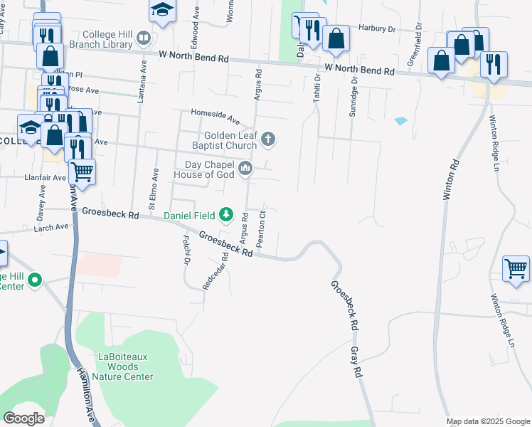 map of restaurants, bars, coffee shops, grocery stores, and more near 5754 Pearton Court in Cincinnati