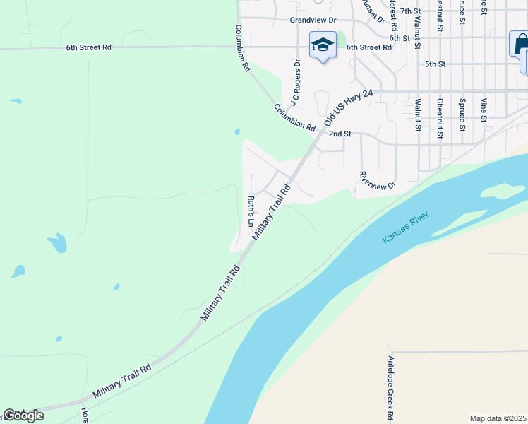 map of restaurants, bars, coffee shops, grocery stores, and more near 208 Ruth's Lane in Wamego