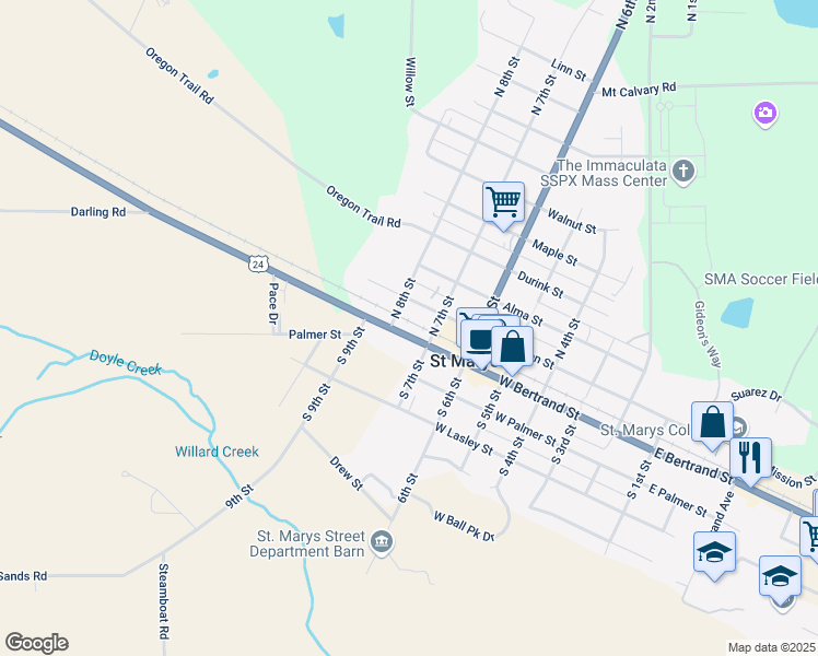 map of restaurants, bars, coffee shops, grocery stores, and more near 717 West Bertrand Avenue in Saint Marys