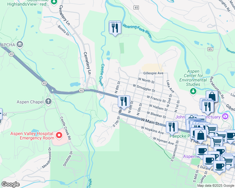 map of restaurants, bars, coffee shops, grocery stores, and more near 834 West Hallam Street in Aspen