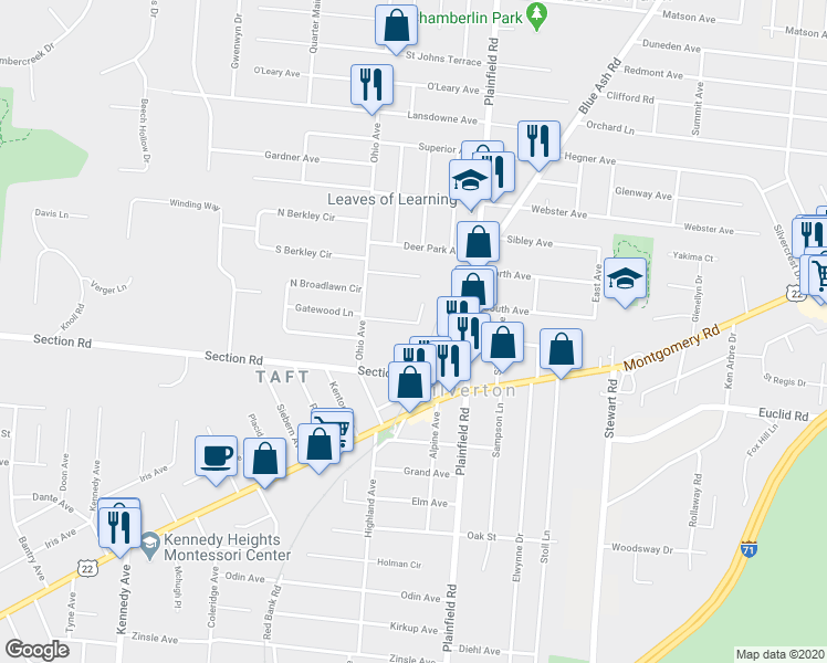 map of restaurants, bars, coffee shops, grocery stores, and more near 3917 East Gatewood Lane in Cincinnati