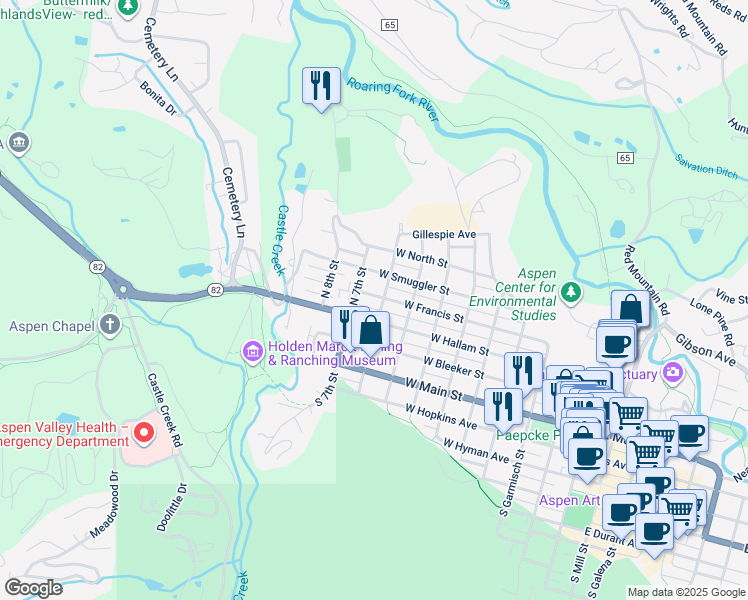 map of restaurants, bars, coffee shops, grocery stores, and more near 790 West Hallam Street in Aspen