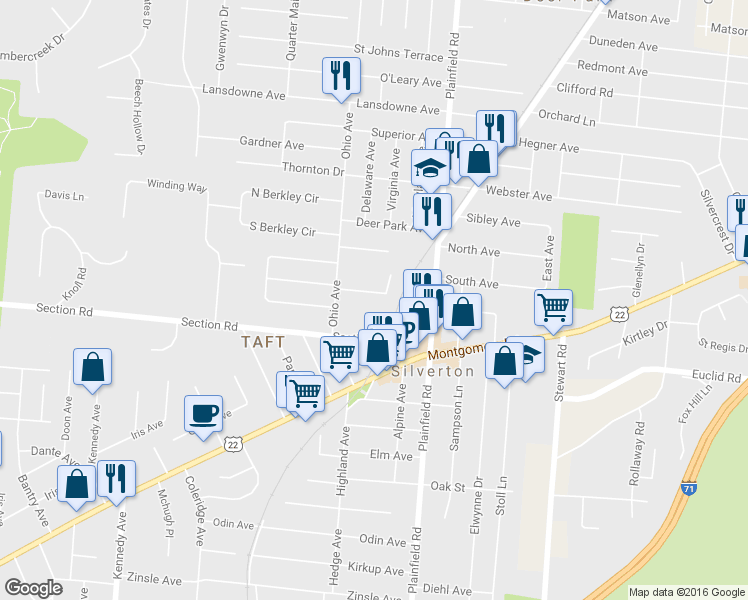 map of restaurants, bars, coffee shops, grocery stores, and more near 3907 East Gatewood Lane in Cincinnati