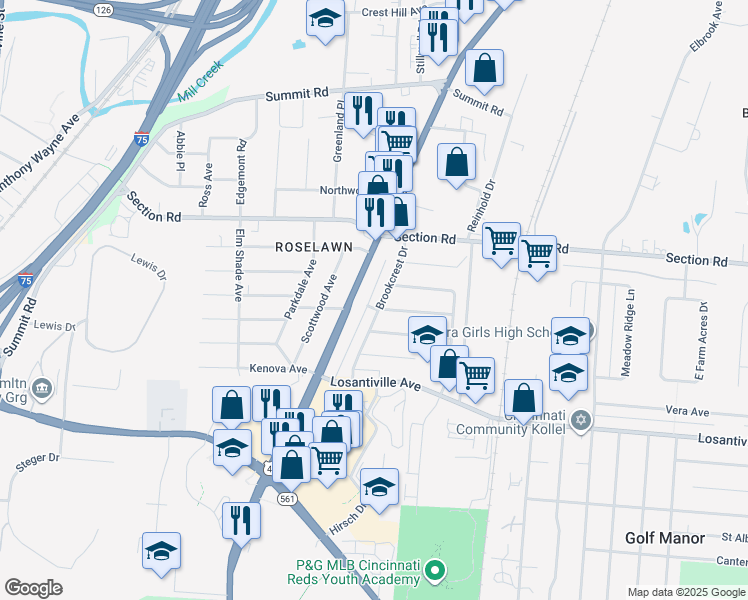 map of restaurants, bars, coffee shops, grocery stores, and more near 7275 Brookcrest Drive in Cincinnati