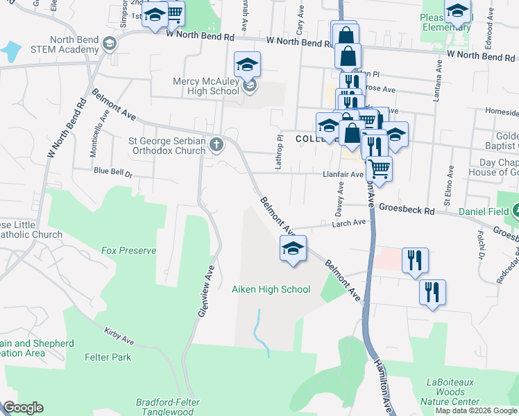 map of restaurants, bars, coffee shops, grocery stores, and more near 5739 Belmont Avenue in Cincinnati