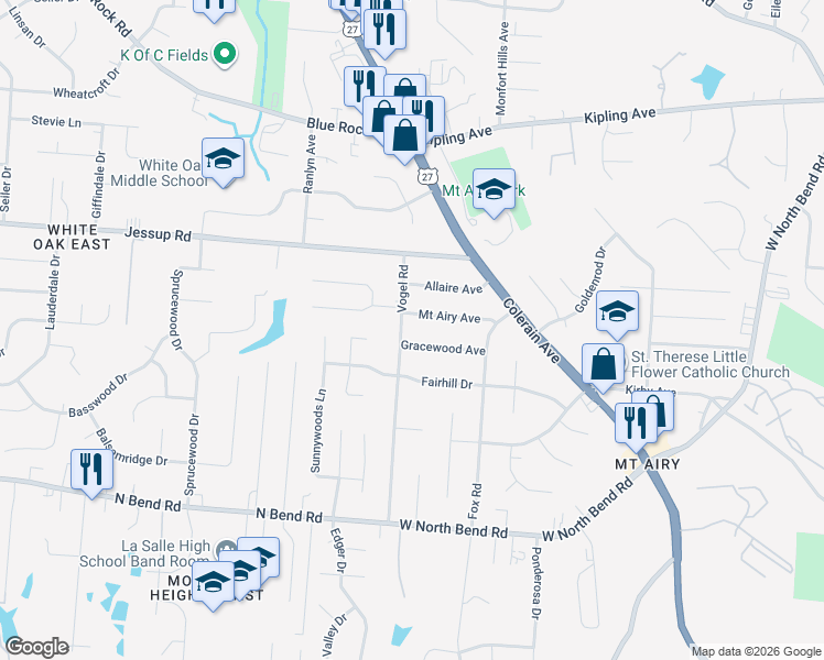 map of restaurants, bars, coffee shops, grocery stores, and more near 2646 Gracewood Avenue in Cincinnati