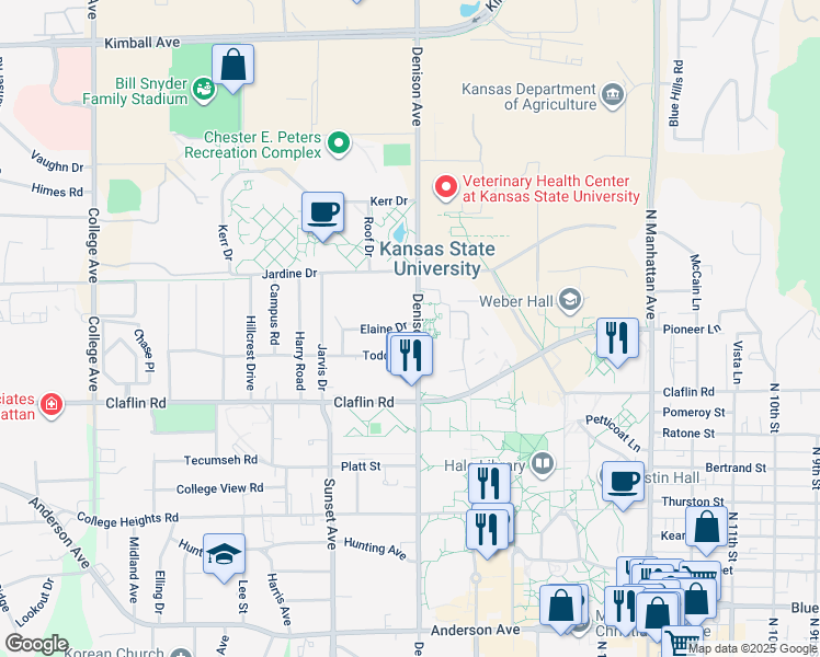 map of restaurants, bars, coffee shops, grocery stores, and more near 1813 Elaine Drive in Manhattan