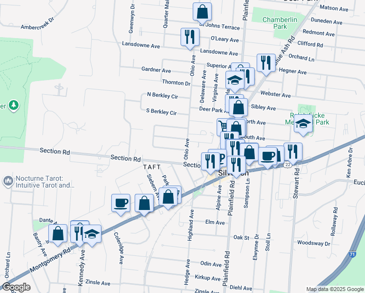 map of restaurants, bars, coffee shops, grocery stores, and more near 3846 South Broadlawn Circle in Cincinnati