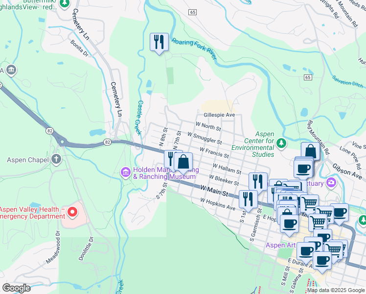 map of restaurants, bars, coffee shops, grocery stores, and more near 790 West Hallam Street in Aspen