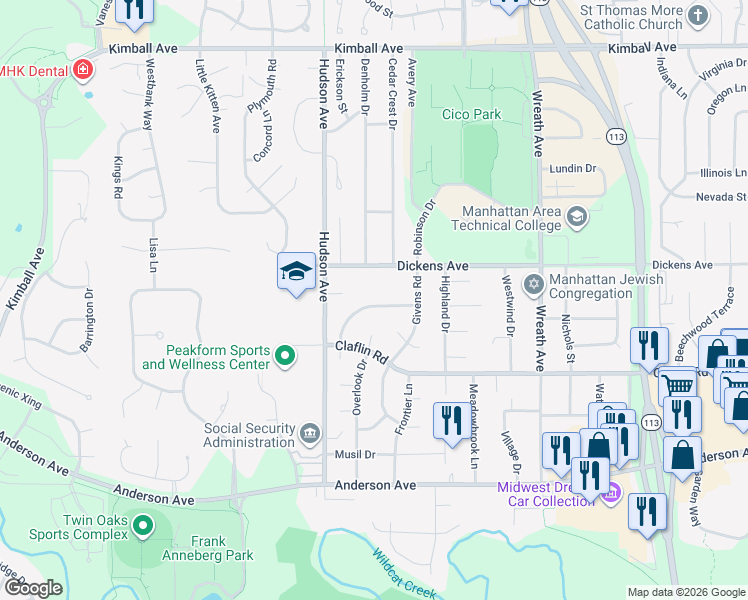 map of restaurants, bars, coffee shops, grocery stores, and more near 3433 Chimney Rock Road in Manhattan