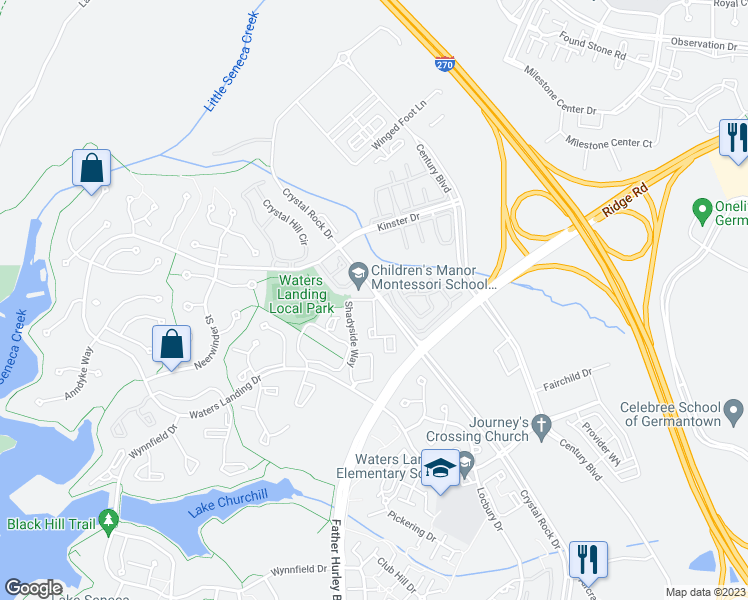 map of restaurants, bars, coffee shops, grocery stores, and more near 13757 Shadyside Way in Germantown