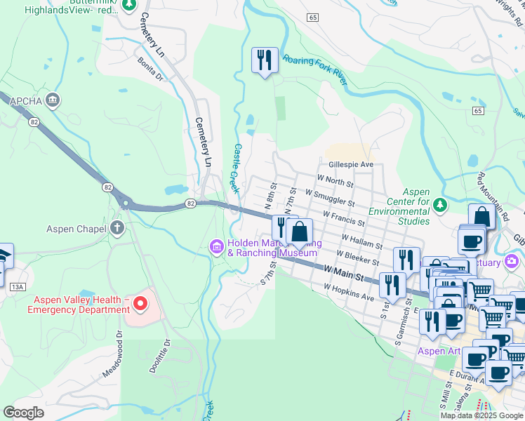 map of restaurants, bars, coffee shops, grocery stores, and more near 834 West Hallam Street in Aspen