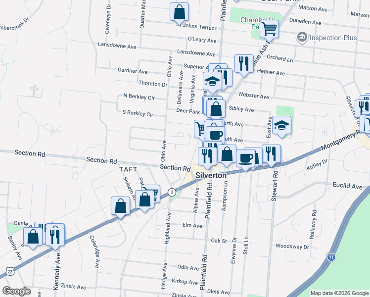 map of restaurants, bars, coffee shops, grocery stores, and more near 3915 East Gatewood Lane in Cincinnati
