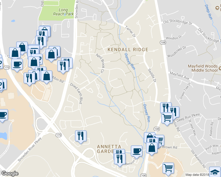 map of restaurants, bars, coffee shops, grocery stores, and more near 6336 Burnt Mountain Path in Columbia