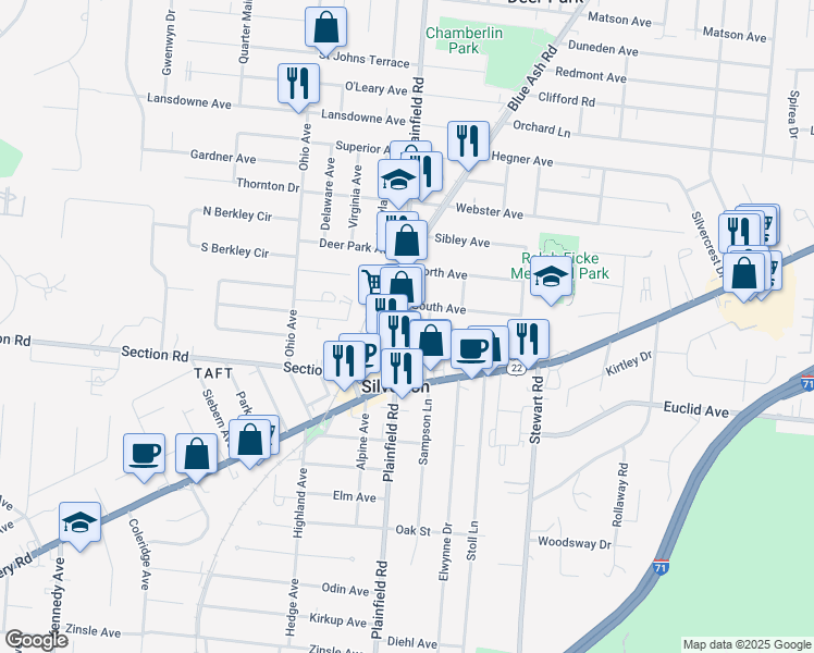 map of restaurants, bars, coffee shops, grocery stores, and more near 6948 Plainfield Road in Cincinnati