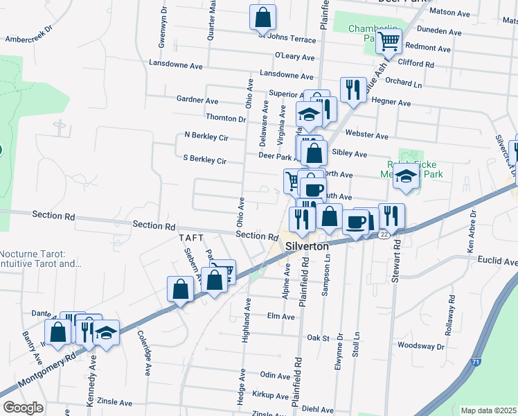 map of restaurants, bars, coffee shops, grocery stores, and more near 3907 East Gatewood Lane in Cincinnati