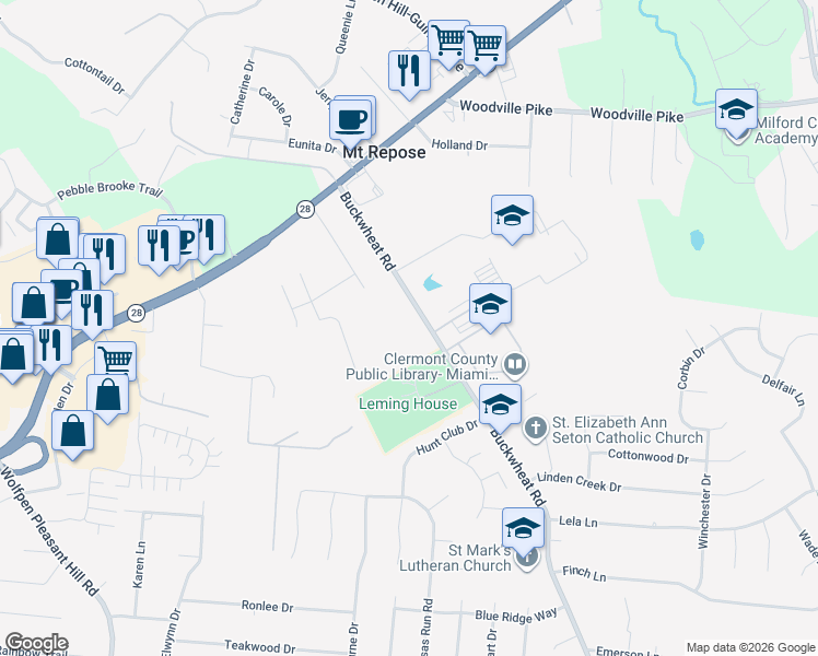map of restaurants, bars, coffee shops, grocery stores, and more near 5971 Buckwheat Road in Milford
