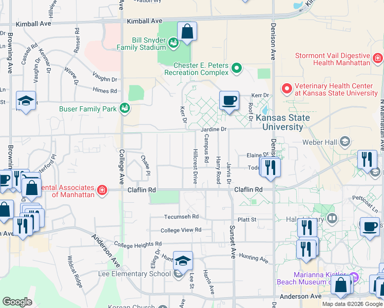 map of restaurants, bars, coffee shops, grocery stores, and more near 1517 Hillcrest Drive in Manhattan
