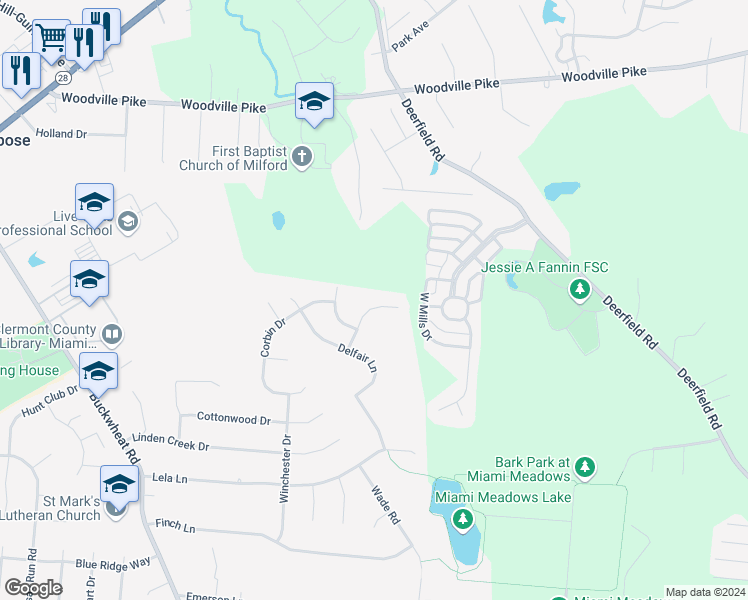 map of restaurants, bars, coffee shops, grocery stores, and more near 1425 Windstar Court in Milford
