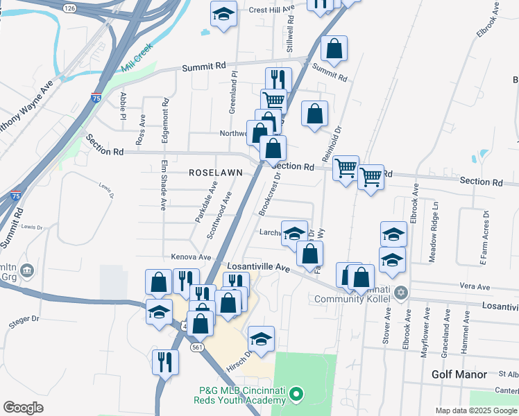 map of restaurants, bars, coffee shops, grocery stores, and more near 7275 Brookcrest Drive in Cincinnati