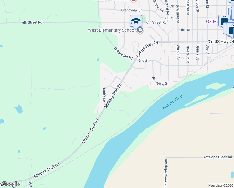 map of restaurants, bars, coffee shops, grocery stores, and more near 2101 Arbor Lane in Wamego