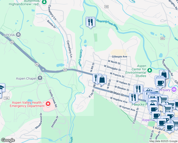 map of restaurants, bars, coffee shops, grocery stores, and more near 834 West Hallam Street in Aspen