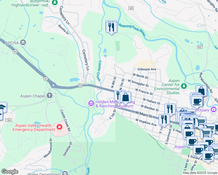 map of restaurants, bars, coffee shops, grocery stores, and more near 834 West Hallam Street in Aspen