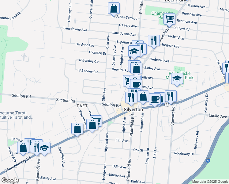 map of restaurants, bars, coffee shops, grocery stores, and more near 3907 East Gatewood Lane in Cincinnati