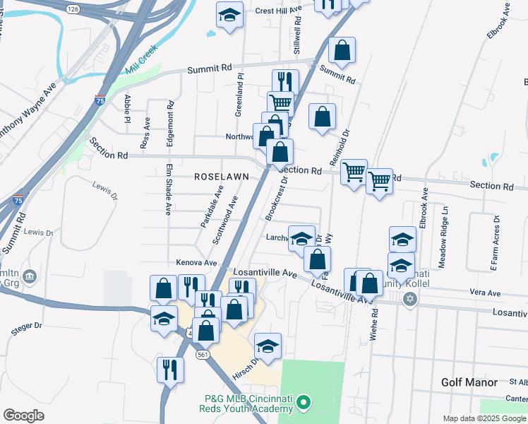 map of restaurants, bars, coffee shops, grocery stores, and more near 7275 Brookcrest Drive in Cincinnati