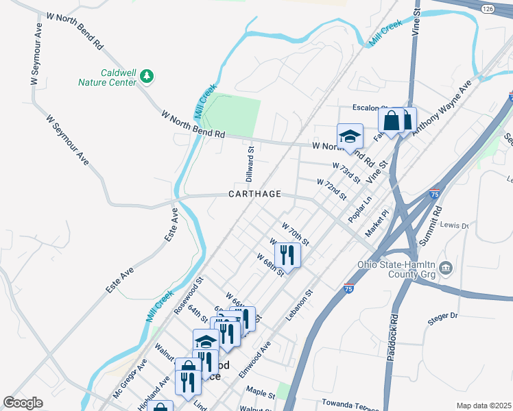 map of restaurants, bars, coffee shops, grocery stores, and more near 219 West 70th Street in Cincinnati