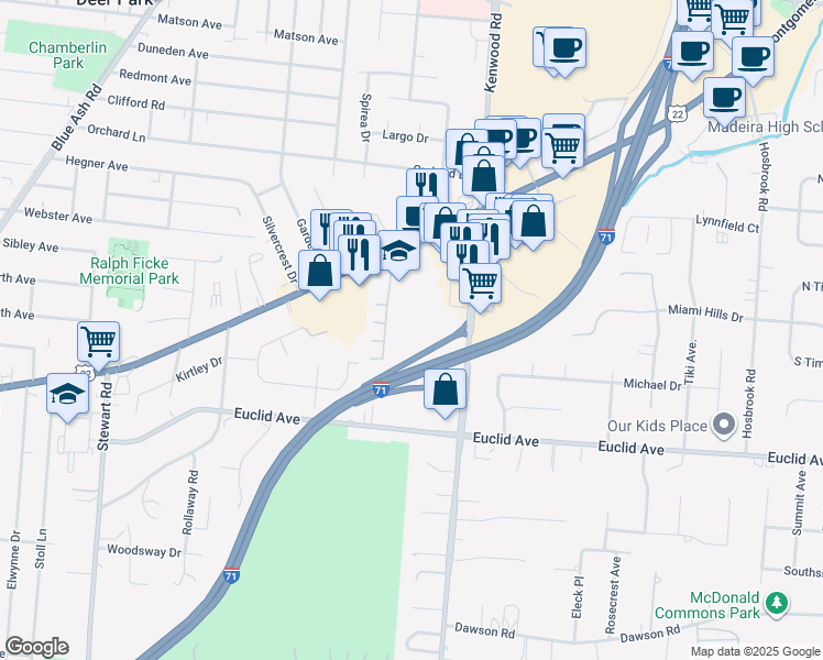 map of restaurants, bars, coffee shops, grocery stores, and more near 7265 Kenwood Road in Cincinnati