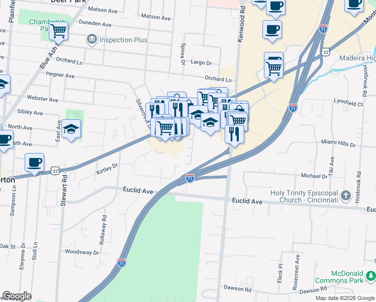 map of restaurants, bars, coffee shops, grocery stores, and more near 7265 Kenwood Road in Cincinnati