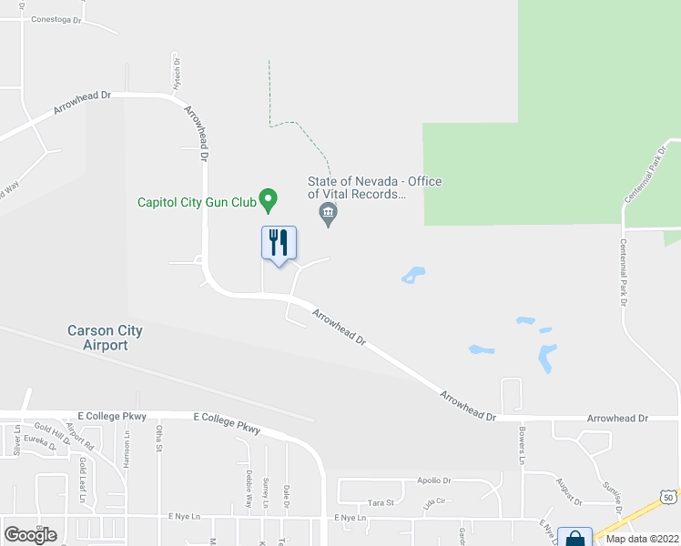 map of restaurants, bars, coffee shops, grocery stores, and more near 3850 Arrowhead Drive in Carson City