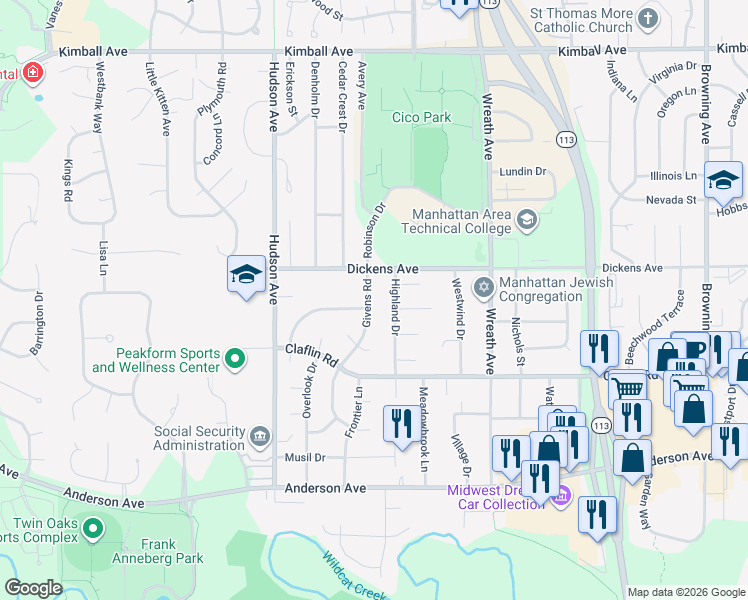 map of restaurants, bars, coffee shops, grocery stores, and more near 1513 Highland Drive in Manhattan