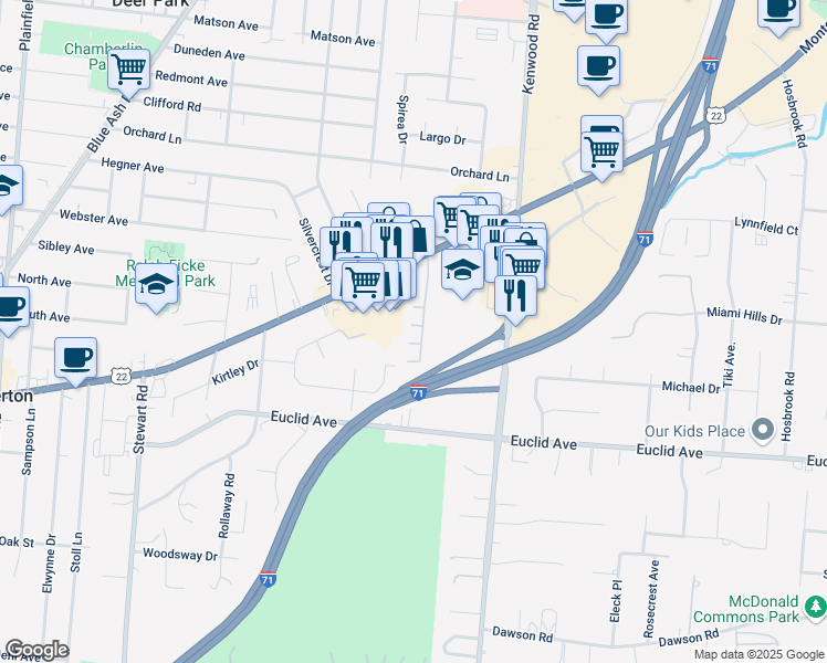map of restaurants, bars, coffee shops, grocery stores, and more near 7752 Montgomery Road in Cincinnati