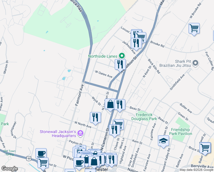 map of restaurants, bars, coffee shops, grocery stores, and more near 12 West Commercial Street in Winchester