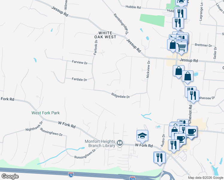 map of restaurants, bars, coffee shops, grocery stores, and more near 3898 Ridgedale Drive in Cincinnati