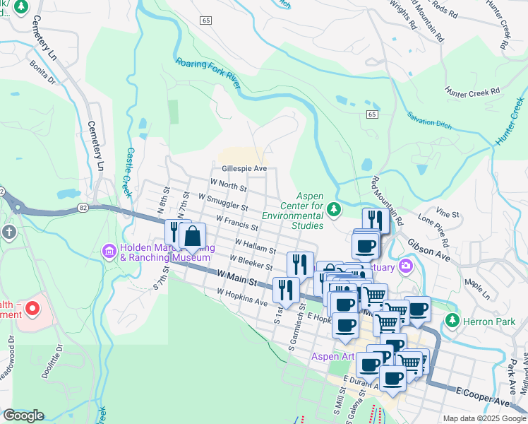 map of restaurants, bars, coffee shops, grocery stores, and more near 499 North 3rd Street in Aspen