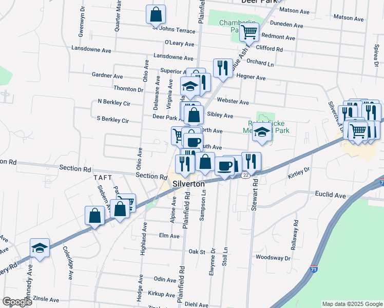 map of restaurants, bars, coffee shops, grocery stores, and more near 6948 Plainfield Road in Cincinnati