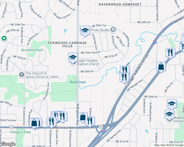 map of restaurants, bars, coffee shops, grocery stores, and more near 5120 Northeast 55th Terrace in Kansas City