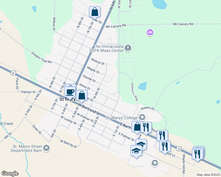 map of restaurants, bars, coffee shops, grocery stores, and more near 315 North 3rd Street in Saint Marys