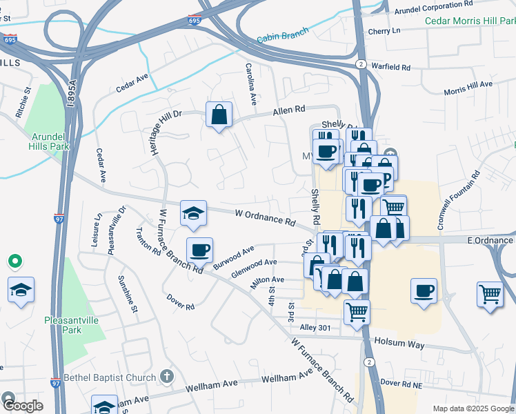 map of restaurants, bars, coffee shops, grocery stores, and more near 301 Juneberry Way in Glen Burnie