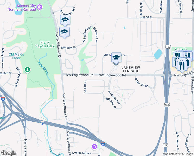 map of restaurants, bars, coffee shops, grocery stores, and more near 1701 Northwest 55th Terrace in Kansas City