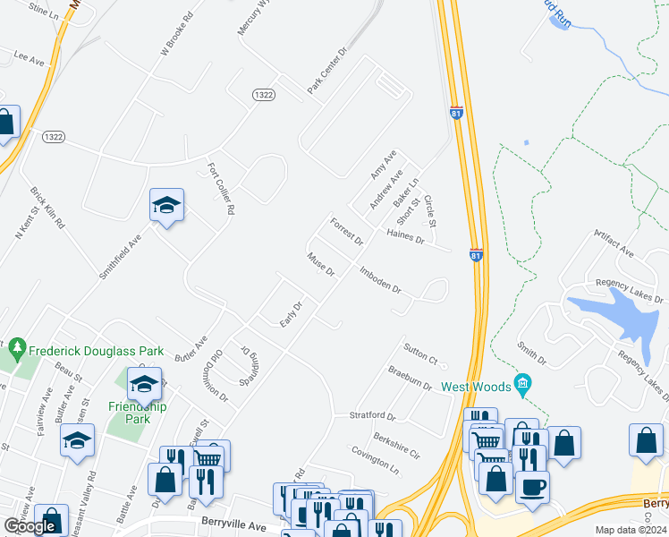 map of restaurants, bars, coffee shops, grocery stores, and more near 100 Muse Drive in Winchester