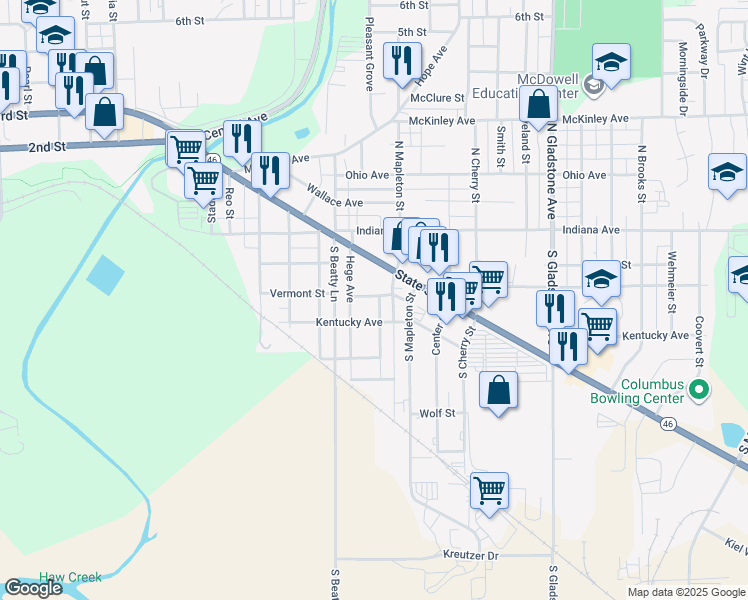map of restaurants, bars, coffee shops, grocery stores, and more near 200 Pence Street in Columbus
