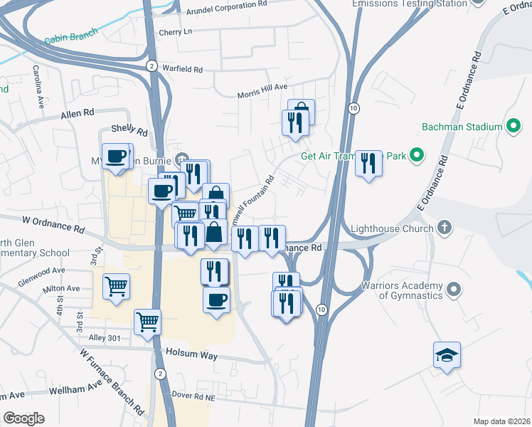 map of restaurants, bars, coffee shops, grocery stores, and more near 206 Water Fountain Court in Glen Burnie