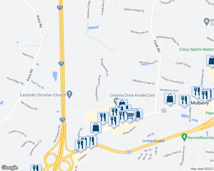 map of restaurants, bars, coffee shops, grocery stores, and more near 6114 Oakbridge Way in Milford