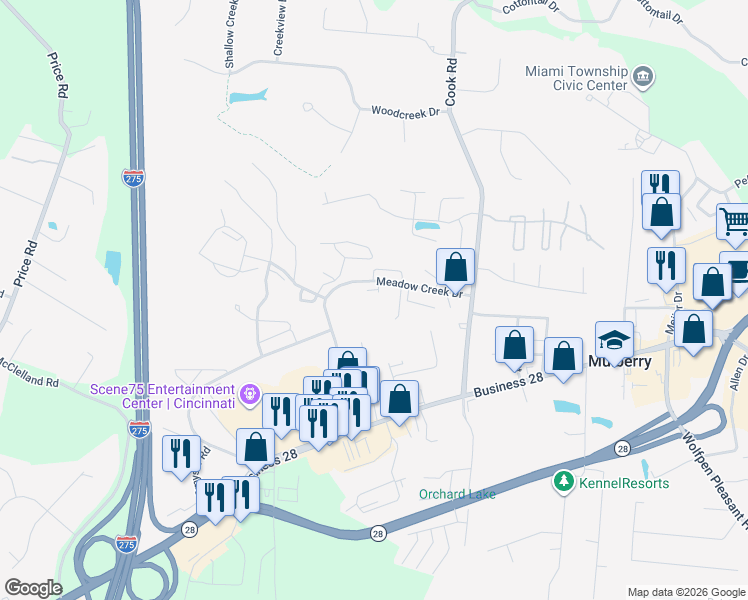 map of restaurants, bars, coffee shops, grocery stores, and more near 5900 Meadow Creek Drive in Milford