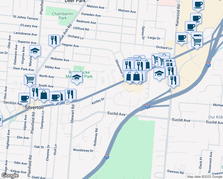 map of restaurants, bars, coffee shops, grocery stores, and more near 6962 Ken Arbre Drive in Cincinnati